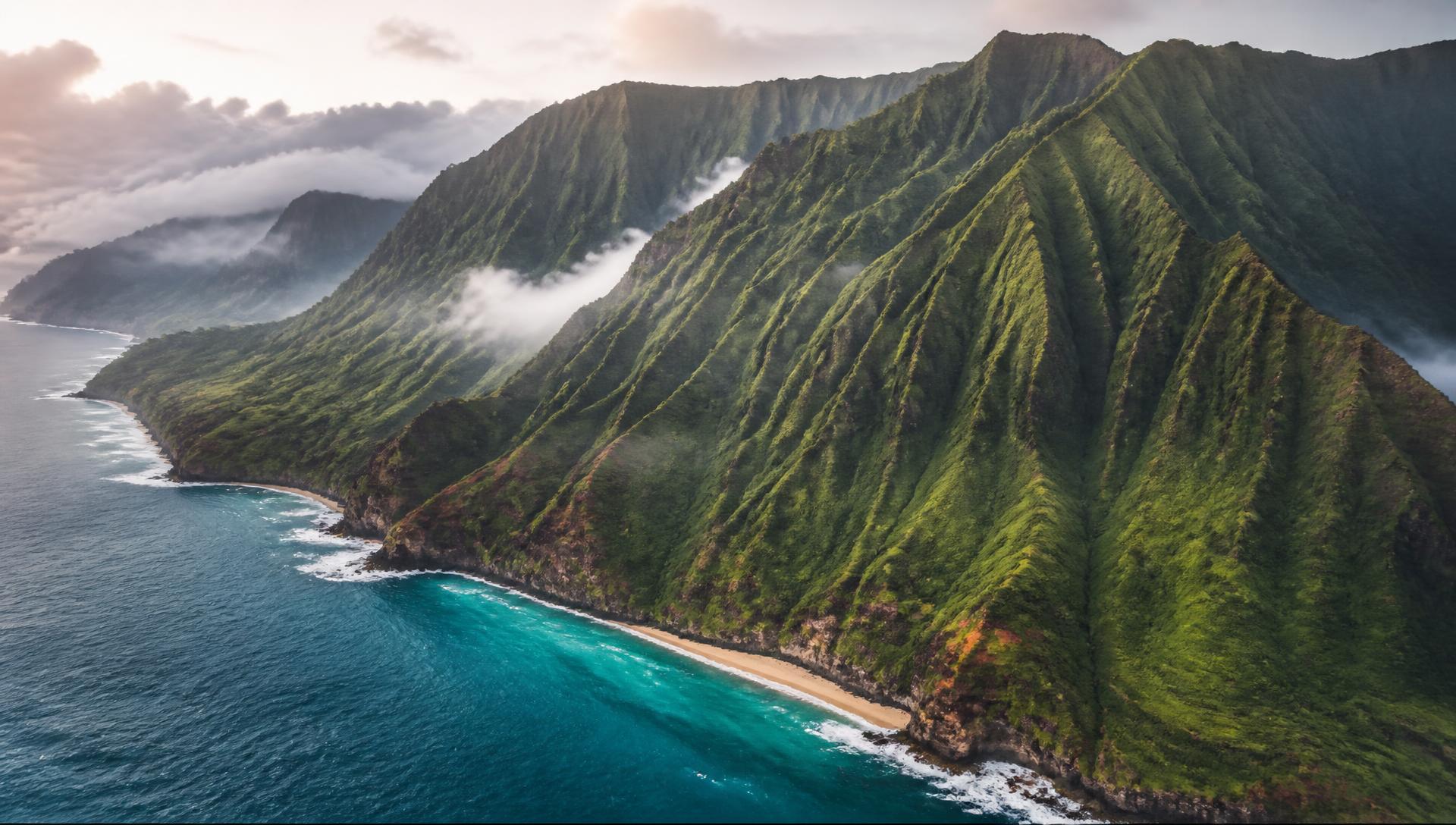 Green fluted sea cliffs of the Nāpali coast on Kauaʻi at dawn